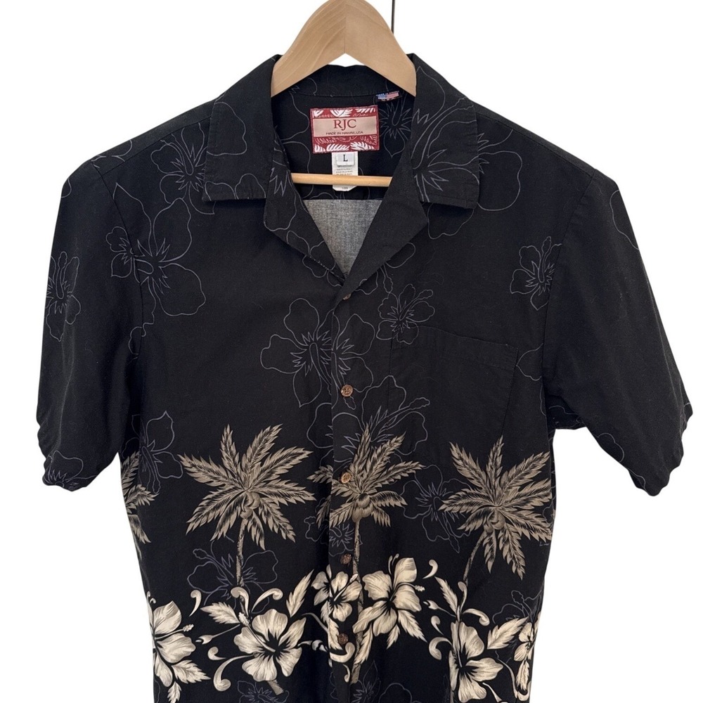 RJC Hawaiian Shirt Mens L Black Floral Palm Tree Made in Hawaii USA Aloha Shirt